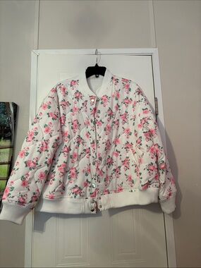 White Floral Puffer Jacket with Pink Roses